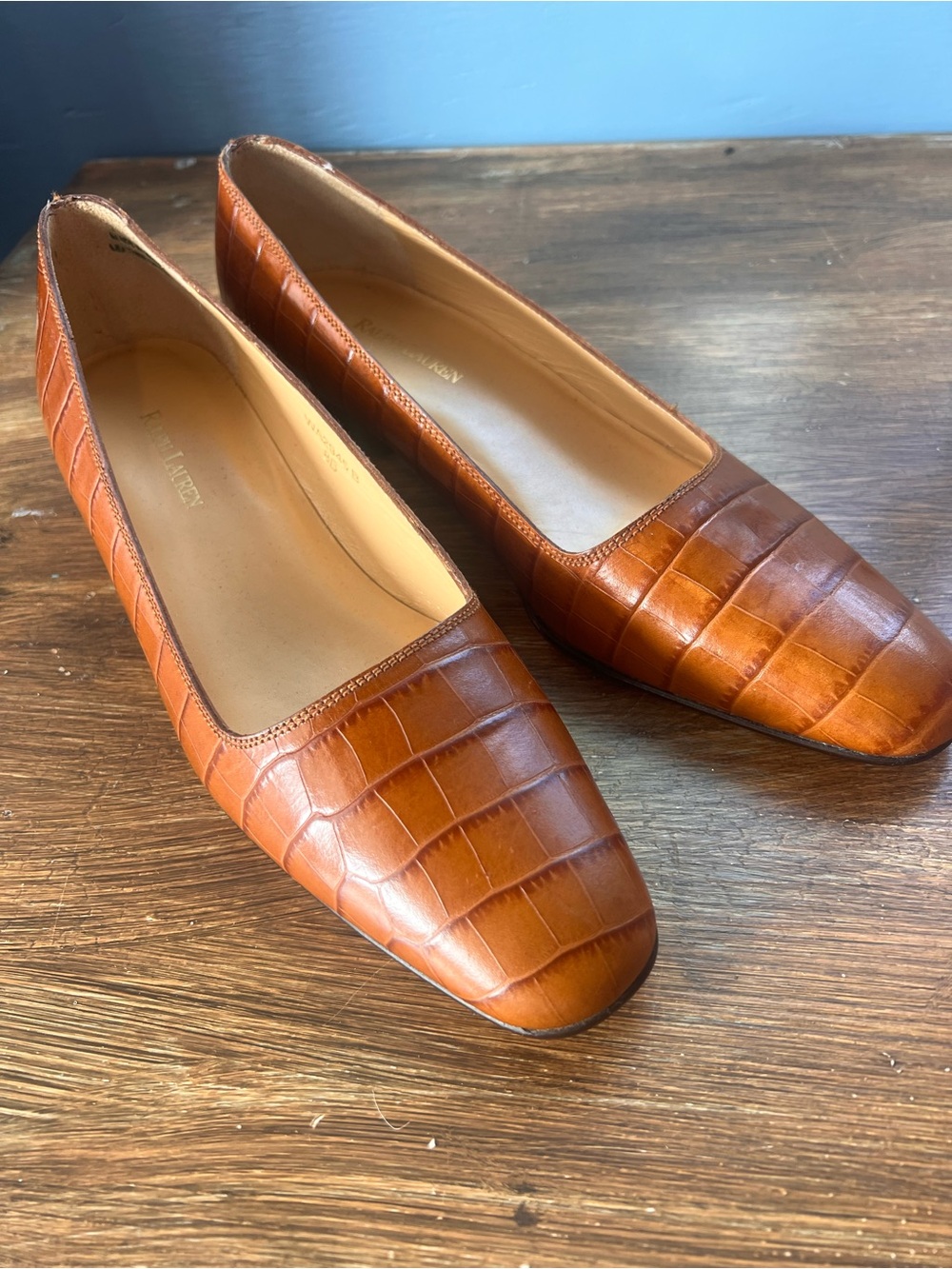 Ralph Lauren Women's Croc-Embossed Leather Flats in Cognac Brown